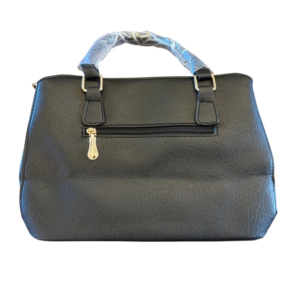 Black Faux Leather Satchel Handbag Gold Tone Hardware Top Handle Crossbody Bag